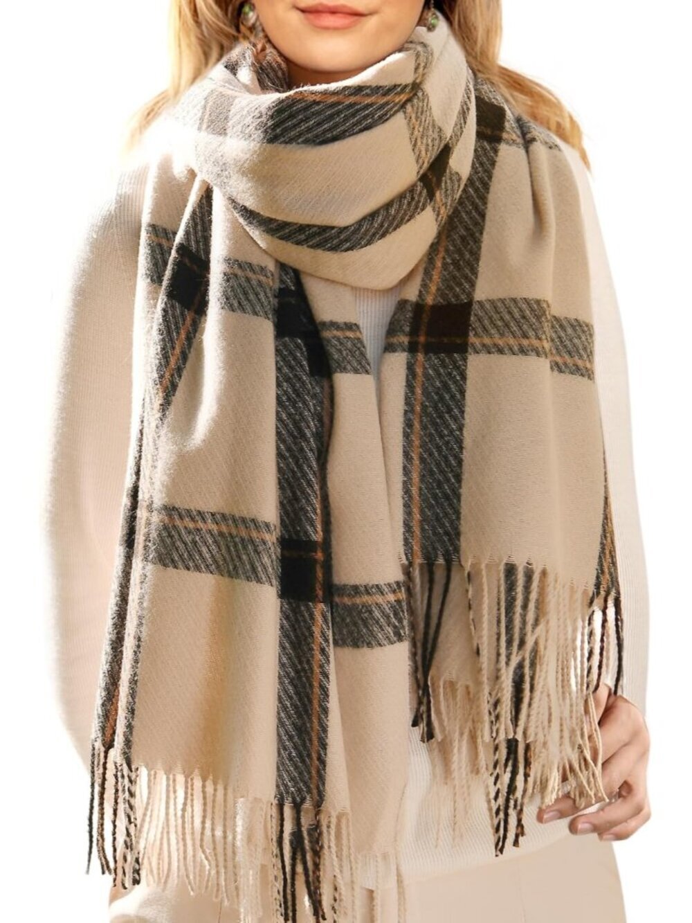 Women's Beige Shawl Soft Tassel Plaid Large Scarves Wraps Neck Scarves